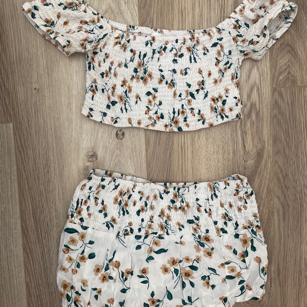 tan & green flower off the shoulder two piece set